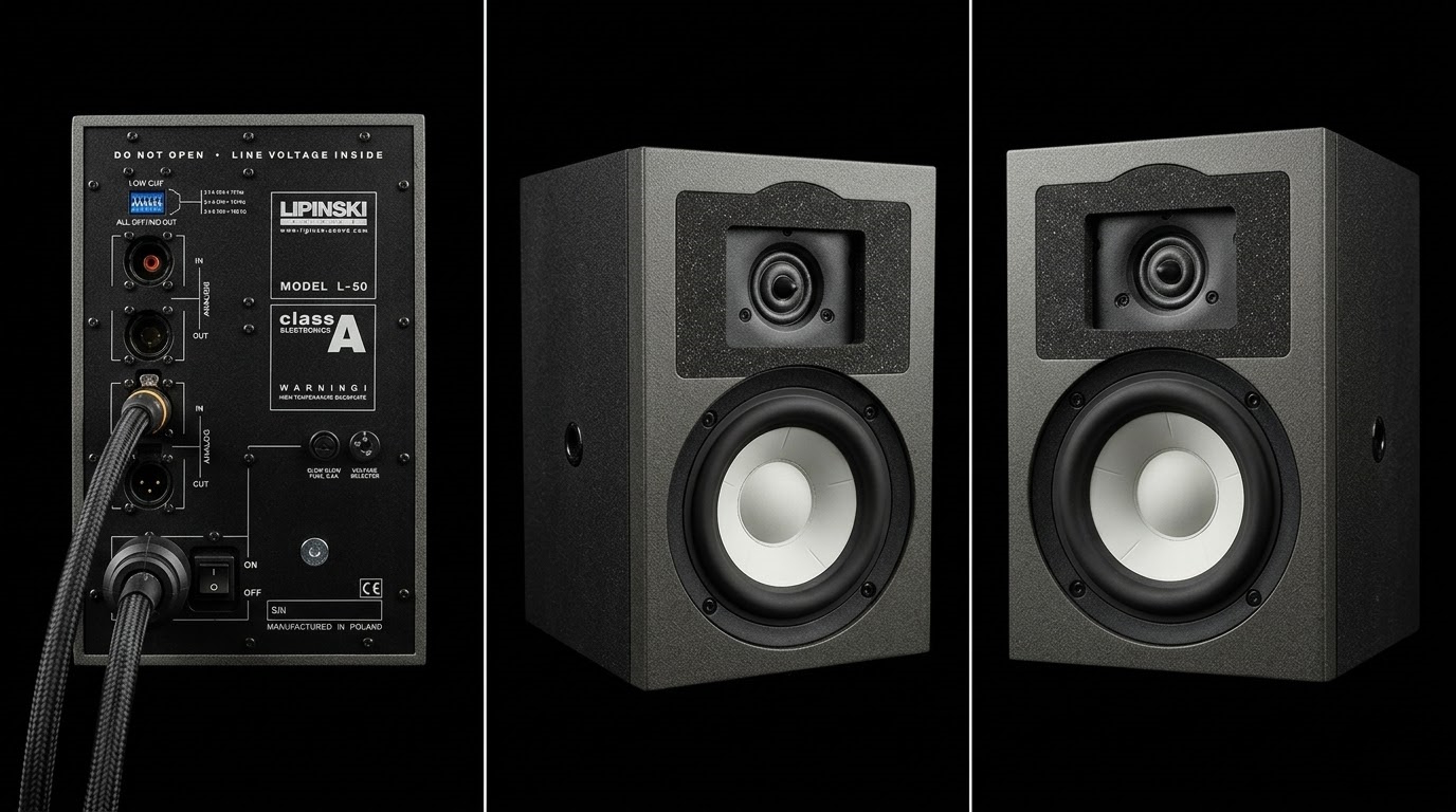 Lipinski L-50 Class A reference monitor tweeter and driver detail close-up